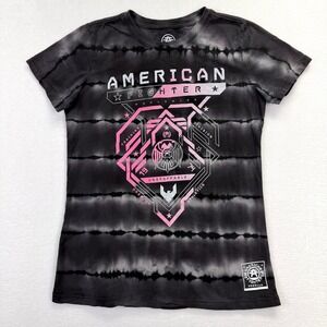 American Fighter Graphic Tee Women Medium Black Pink Tie Dye Athletic Training